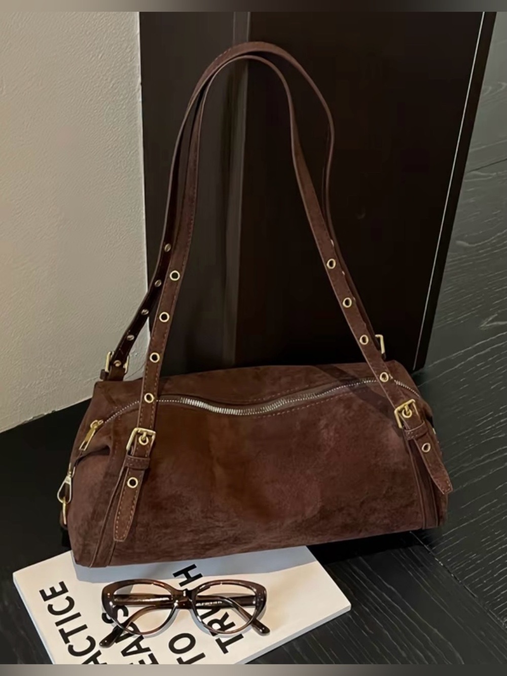 Chocolate Brown Suede Shoulder Bag with Gold Buckle Accents